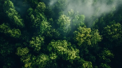 Misty Forest Canopy: Aerial View of Lush Green Trees