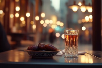 A serene evening scene featuring a glass of tea and a plate of dates on a table with soft bokeh lights