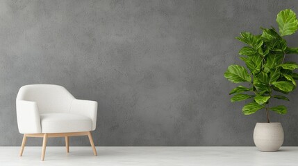 Modern minimalist living room, grey wall, white armchair, fiddle leaf fig