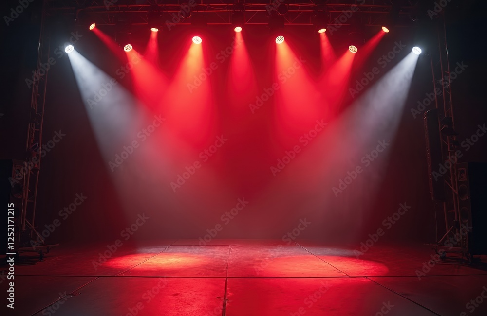 Aufkleber event stage illuminated by spotlights with red color lights. empty stage with smoke. spotlights shin