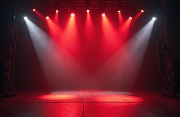 Event stage illuminated by spotlights with red color lights. Empty stage with smoke. Spotlights shine on scene. Background for performance, show, rock concert or entertainment. Night club design.