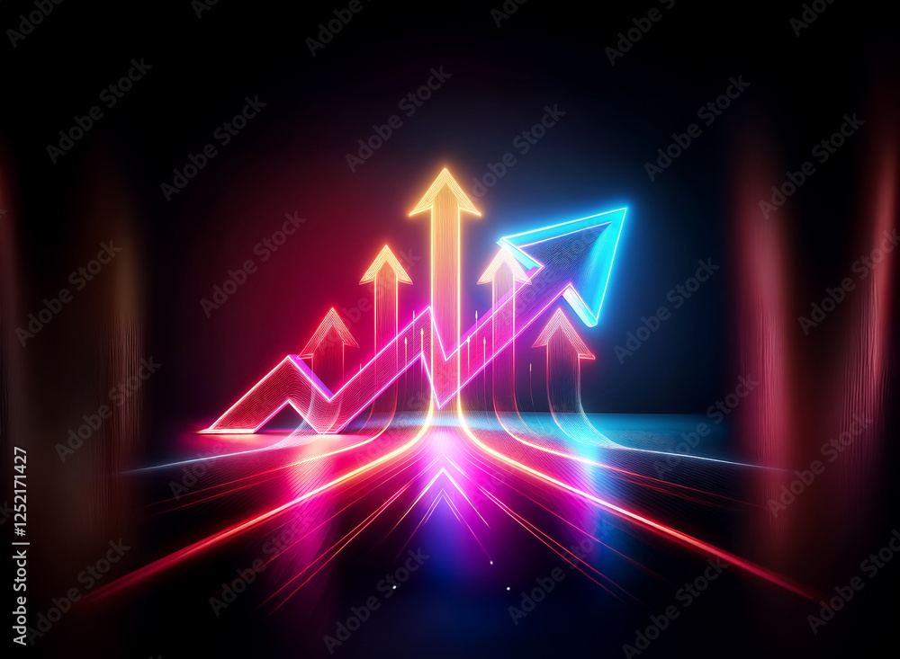 Poster vibrant glowing arrows ascend against a dark backdrop, symbolizing upward progress. bright neon line