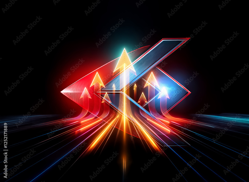 Poster abstract image of glowing arrows moving upwards and forwards with vibrant light trails against a dar