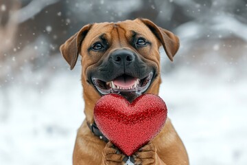 Boerboel - my preferred dog, symbol of friendship. Cute boerboel pooch with sparkling rhinestones red heart on a walk in a winter garden. Commercial companion animal idea. Dog in snow.