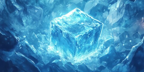 Obraz premium A large shining ice cube sits amongst fractured ice shards
