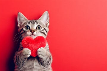 Ad campaign creative. Egyptian mau - my cherished cat. Cute egyptian mau baby feline with fluffy red heart - emblem of love, funny greeting card. February 14 cat image. Adorable love pet.