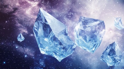 Obraz premium Floating blue crystals appear in space against a starry sky