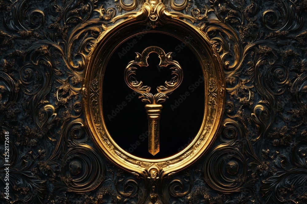 Poster golden ornate key displayed in a frame with dark backdrop