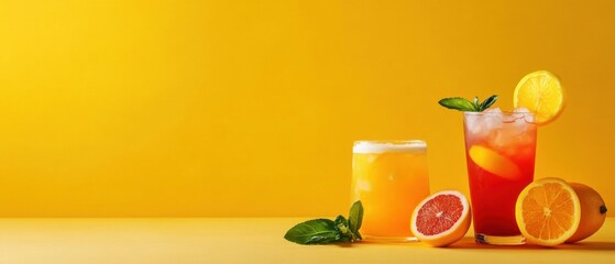 Fototapeta premium Refreshing Summer Cocktails on a Vibrant Yellow Background