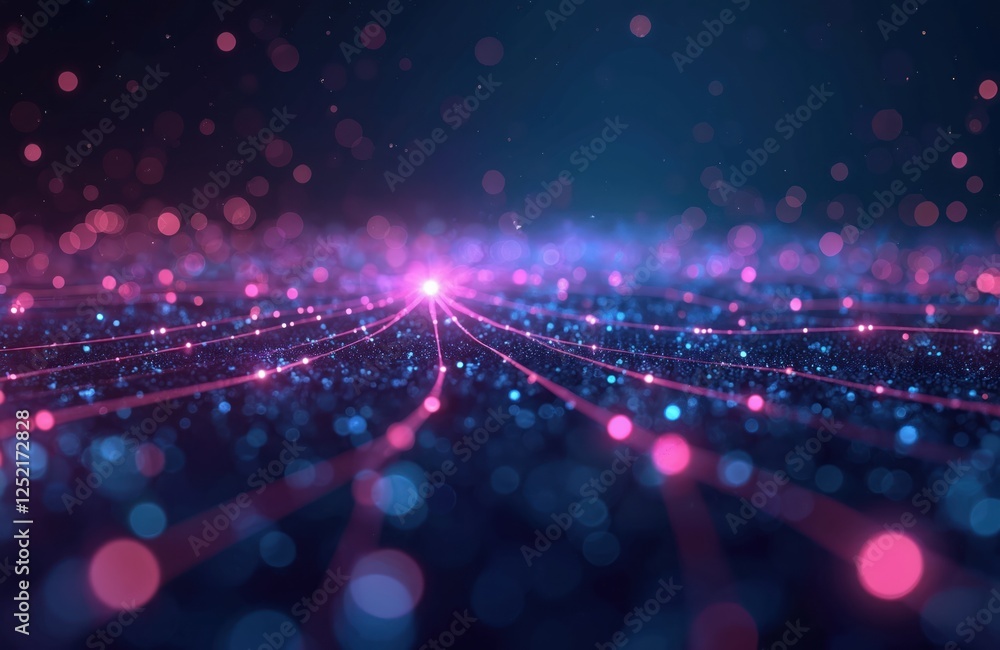 Poster abstract futuristic tech background with network matrix, glowing lines, blurred bokeh particles. dig