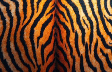 Tiger skin texture pattern design with orange, black stripes. Wild animal print evokes safari mood. Seamless visual fabric cat wallpaper for print and textile.