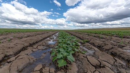 Young plants growing in dry, cracked field under a cloudy sky. Agriculture, drought