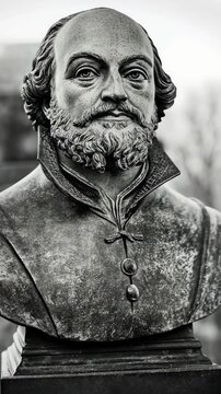 Sculpture of a renowned playwright showcased outdoors with historical background details