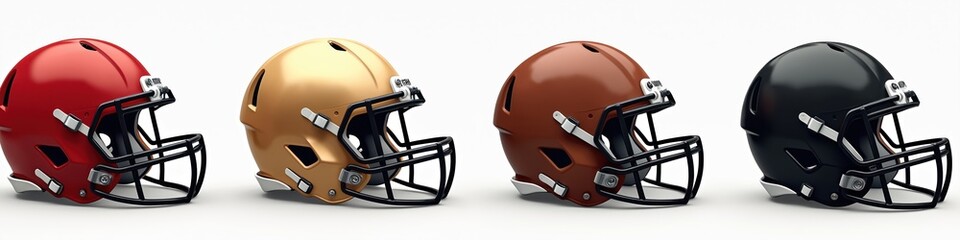 American football helmets clipart collection. Visual sport icons isolated on transparent background. Set of team safety gear render in various colors.