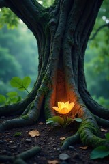 Obraz premium A glowing flower amidst the roots of an ancient tree, gnarled trunk, , ancient tree