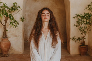 Fototapeta premium A woman with long brown hair is sitting in a white shirt in a room with a potted