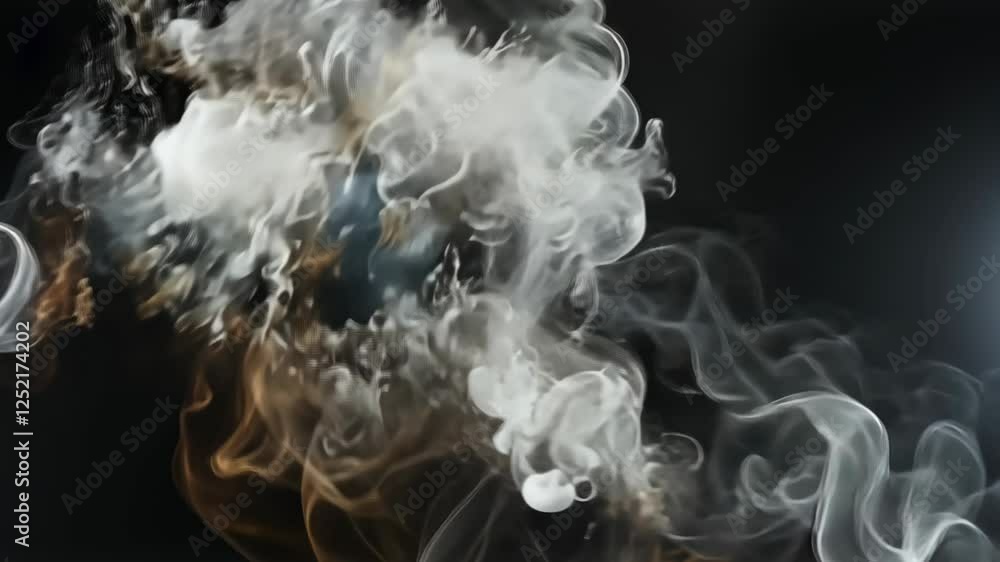 Poster swirling smoke patterns created with fine vapors in a dark environment showcasing fluid movement and