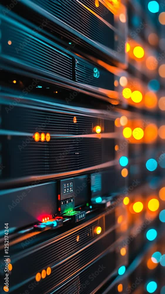 Poster data center technology showcasing illuminated server racks with active data transmission indicators