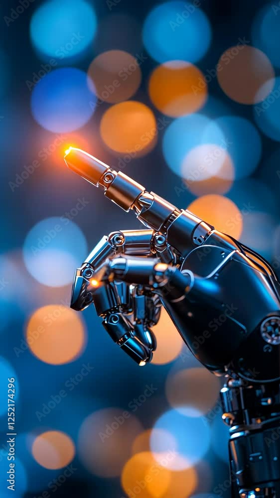 Poster futuristic robotic hand pointing with a glowing fingertip in a blurred light background