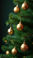 Decorative gold balls hanging from evergreen tree limbs, tree, ornaments, season