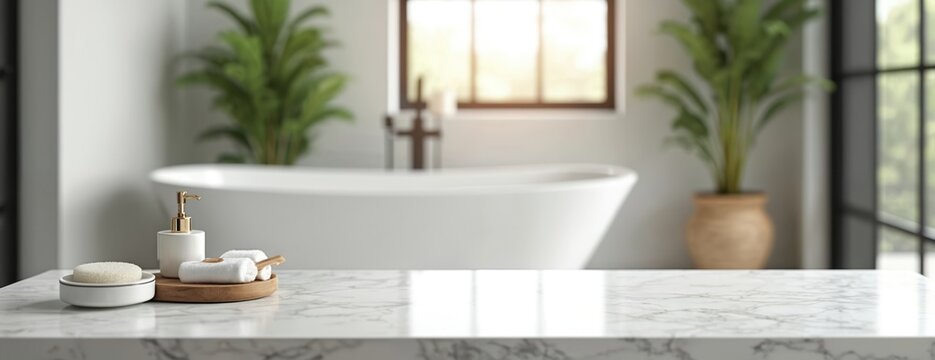 Clean white marble tabletop with blurred bath interior background and plants. Modern bright bathroom design, product placement, demonstration. Counter surface for cosmetic hygiene items showcase.