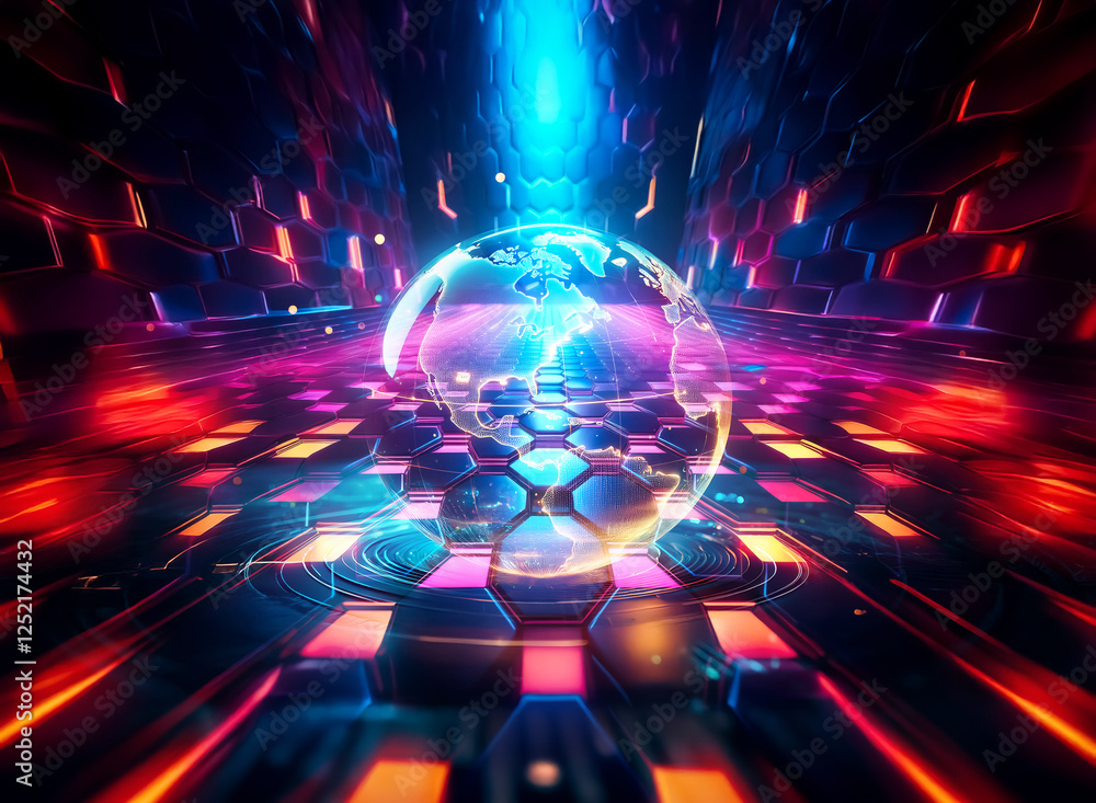 Poster a glowing sphere illuminates a futuristic abstract tunnel with hexagonal patterns. vibrant blue and 