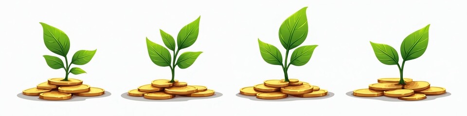 Plant sprouts from gold coins in illustration. Financial growth concept. Seedlings represent investment success, wealth. Business opportunity, increase and expansion with blooming gold, green leaf.