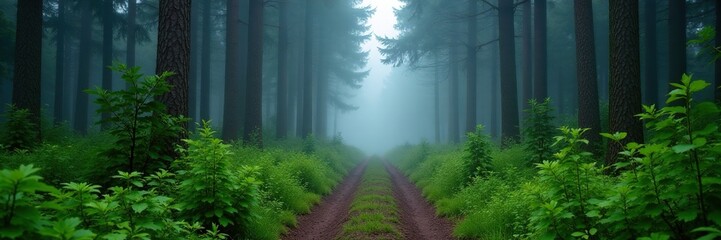Obraz premium Narrow path through foggy woods with tall pines and ferns, pathway, nature