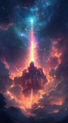 Naklejka premium Fantasy glowing celestial fortress above the clouds, phone wallpaper