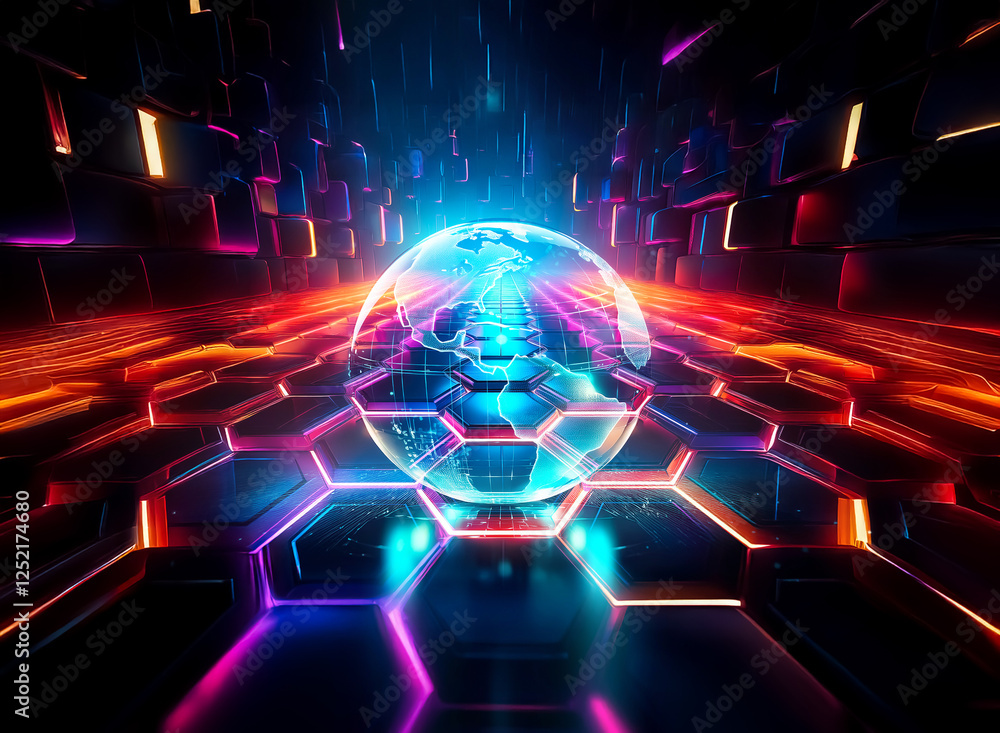 Aufkleber futuristic perspective view of a hexagonal tunnel with a glowing sphere. neon lights illuminate the 
