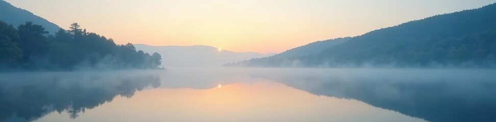 Fototapeta premium Soft blue mist rises from a beige lake at dawn, fog, sunrise