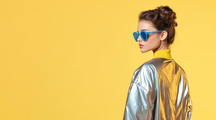 Stylish Woman In Gold Jacket And Blue Sunglasses Against Yellow Background