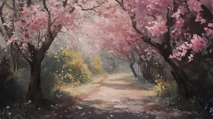 Fototapeta premium Cherry blossom path, spring forest, sunlight, petals, tranquil scene, idyllic landscape, nature background, design