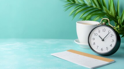 Clock, cup, plant, and calendar on teal background office scene