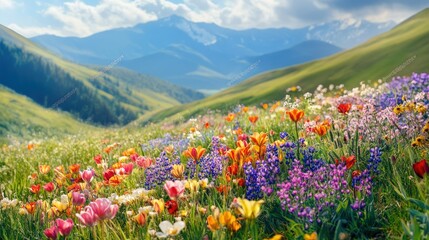 Obraz premium Colorful wildflowers bloom in mountain valley. Scenic landscape for travel brochure