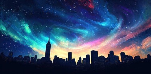 Silhouette of a city skyline under a colorful nebula