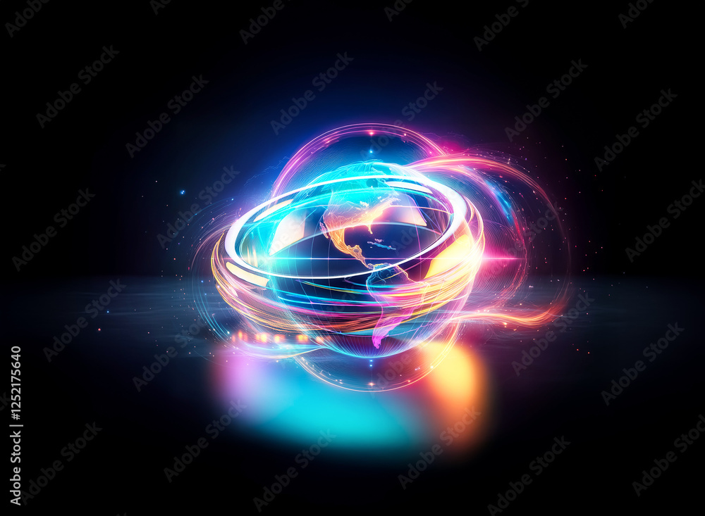 Poster abstract luminous sphere with vibrant light trails on a black background, creating a futuristic and 