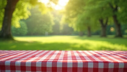 Illustration of red, white checkered tablecloth with blurred green park, trees in background. Summer picnic, nature food concept, outdoor dining, bar-b-q, relaxation. Fresh setting, festive