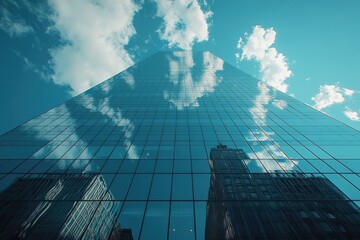 Skyscraper with glass facade reflecting clouds against a clear blue sky, emphasizing height, symmetry, and modern architecture.