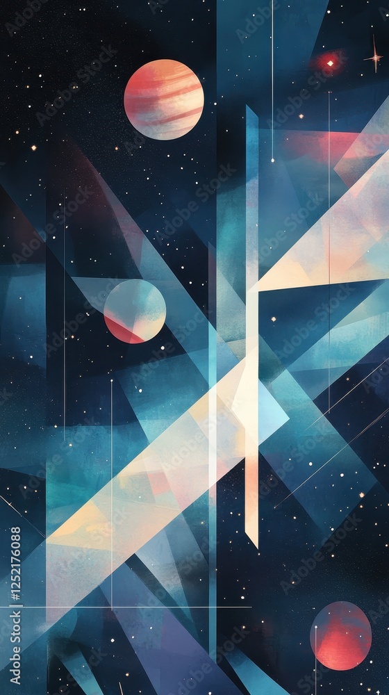 Poster geometric abstraction of a colorful space scene with planets