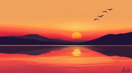 Fototapeta premium Serene sunset illuminates mountains reflecting beautifully on calm water