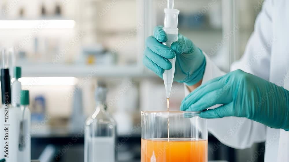 Poster laboratory technician preparing chemical solution with pipette and beaker in modern lab setting