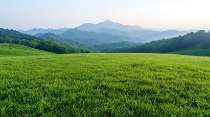 Fototapeta premium Mountain Meadow Landscape at Dawn; Wide shot of a vast green meadow stretching to a hazy mountain range at sunrise, ideal for nature photography, travel, and adventure