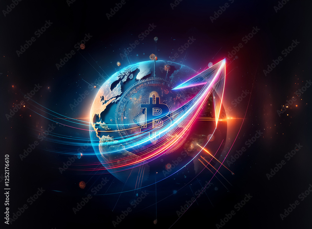 Poster a digital globe with a bitcoin symbol is encircled by vibrant light trails and a dynamic arrow point