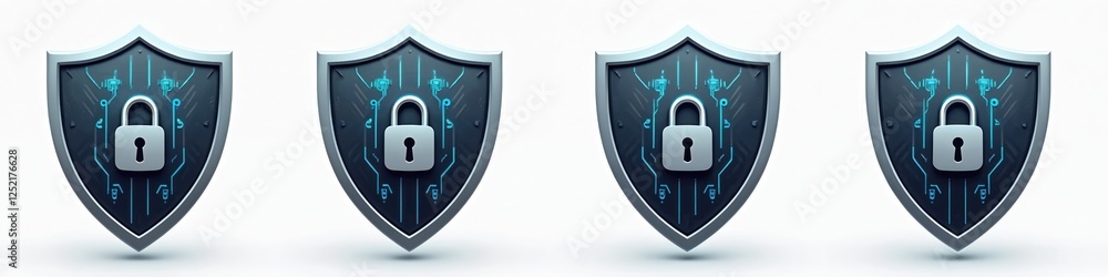 Poster cybersecurity shield icons collection. visual clip art shows protection, antivirus and safe data. is