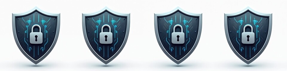 Cybersecurity shield icons collection. Visual clip art shows protection, antivirus and safe data. Isolated design elements set for firewall, hacking prevention and network security.