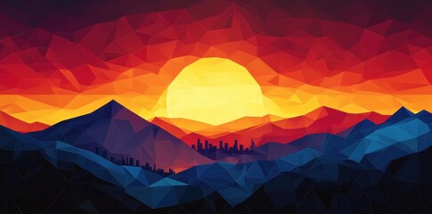 Geometric mountains with city at sunset under a triangular sky