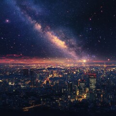 City lights meet the vastness of the starry milky way