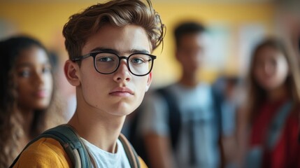 Obraz premium Pensive Teenager Student with Glasses Looking Sideways in School