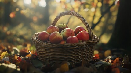 Basket Filled with Apples in Autumn Forest - Harvest bounty